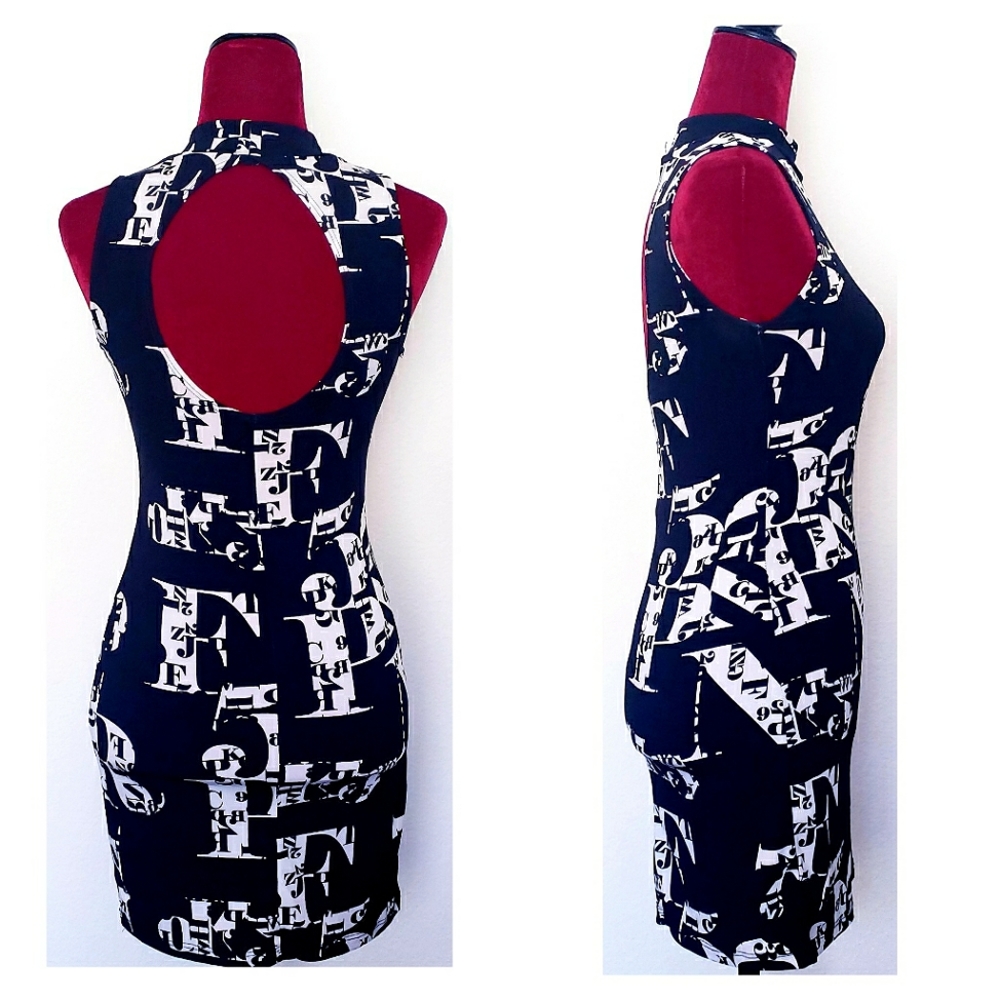 BLACK WITH WHITE LETTERING FITTED DRESS - Picture 3 of 4